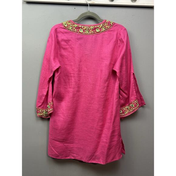 Vendeuse Linen V Neck Tunic Large Pink Embroidered Beaded Summer Cruise Resort - Picture 2 of 9